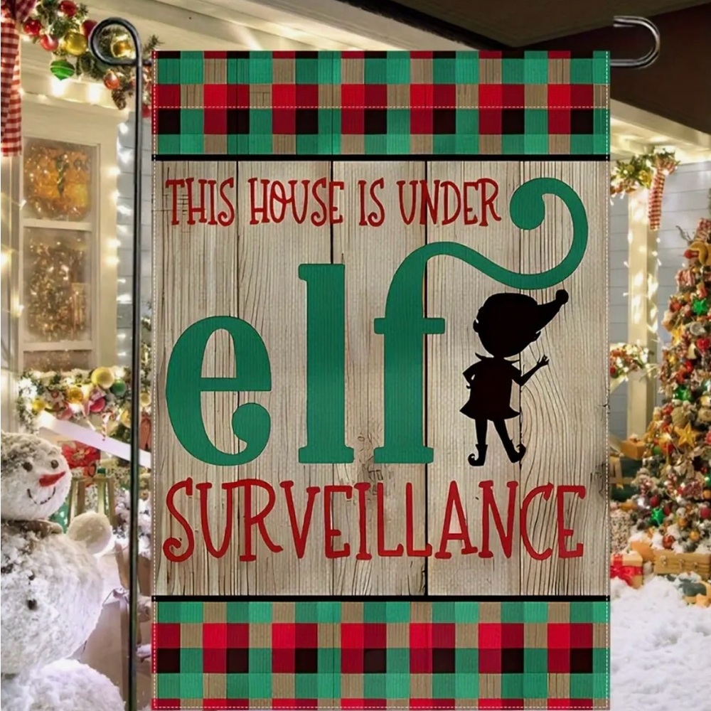 Holiday Elf Surveillance Garden Flag - Red and Green - Picture 3 of 5